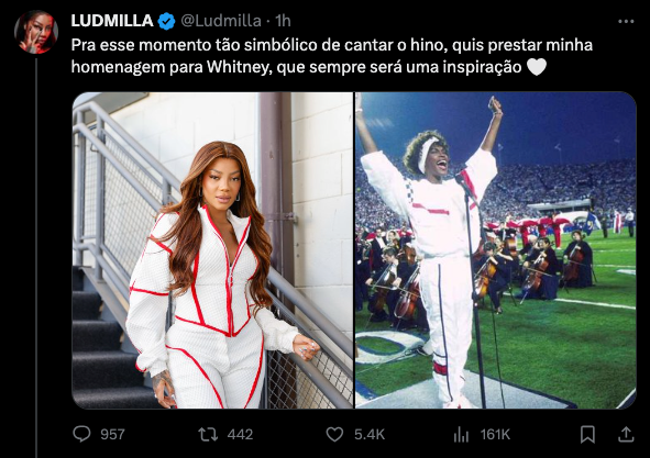 lorenzoridolfi's tweet photo. Ludmilla atingiu, em um único dia, novos patamares de níveis estratosféricos de constrangimento no meio artístico. Interpretou de forma desastrosa o Hino Nacional perante uma audiência global, evidenciando seu total desconhecimento da letra. 

Para piorar a situação, estabeleceu um novo recorde mundial no quesito desatino ao sugerir que sua execução deplorável poderia, de alguma maneira, homenagear a lendária Whitney Houston.

Dobrou a meta!