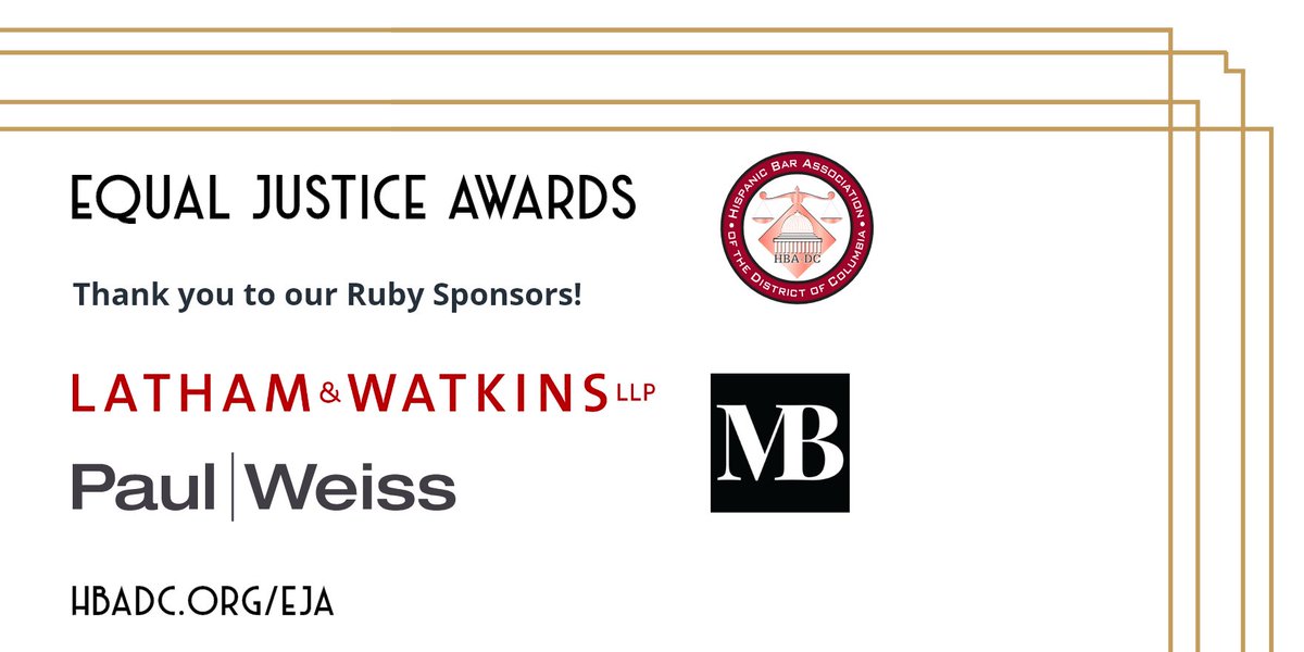 Hispanic Bar Assn DC (@hbadc) on Twitter photo HBA-DC thanks <a href="/lathamwatkins/">Latham & Watkins LLP</a>, <a href="/PaulWeissLLP/">Paul, Weiss LLP</a>, and <a href="/markbohay/">Mark Bohay</a> for their support as Ruby Sponsors of a fantastic 2023 Equal Justice Awards - hbadc.org/eja.
#HBADCEJA2023 HBA-DC thanks <a href="/lathamwatkins/">Latham & Watkins LLP</a>, <a href="/PaulWeissLLP/">Paul, Weiss LLP</a>, and <a href="/markbohay/">Mark Bohay</a> for their support as Ruby Sponsors of a fantastic 2023 Equal Justice Awards - hbadc.org/eja.
#HBADCEJA2023