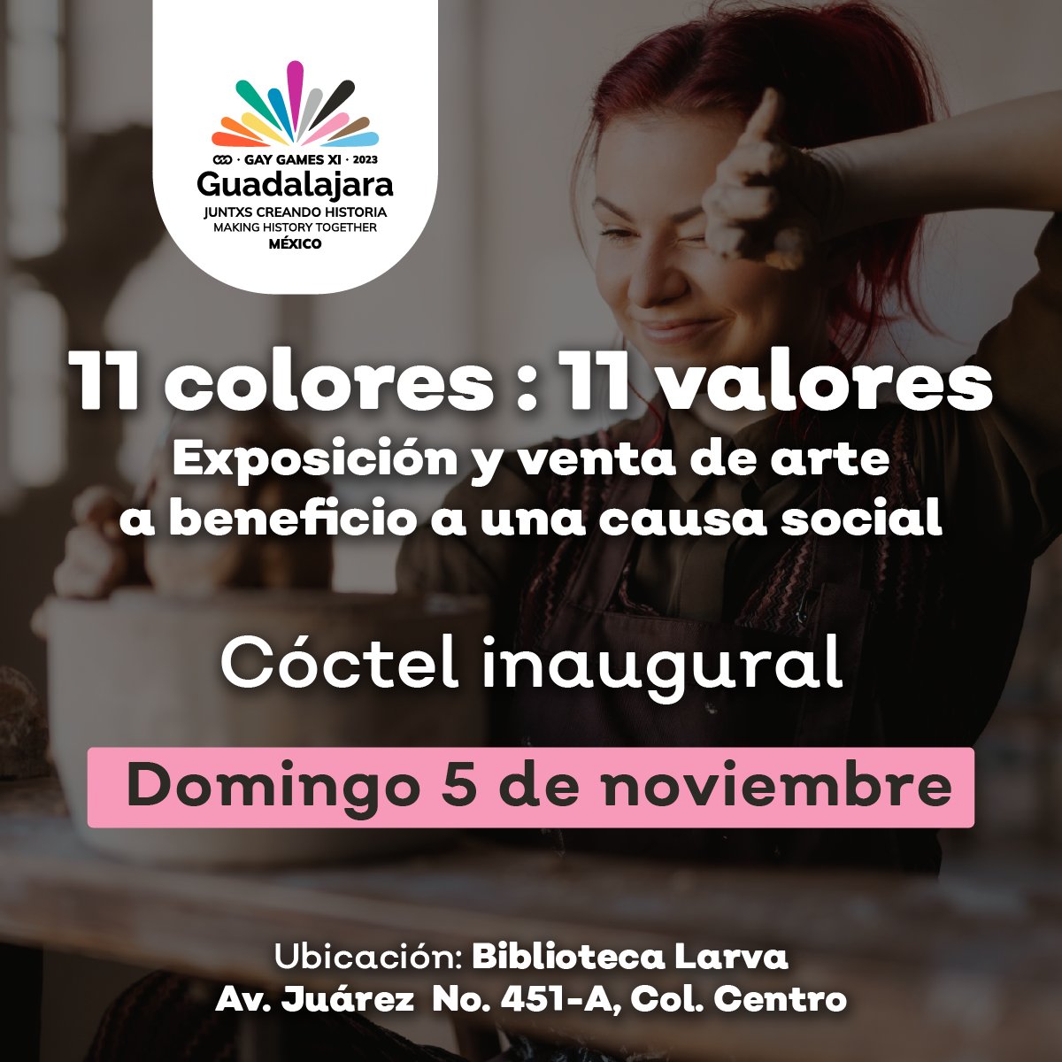 ¡No te pierdas el cóctel inaugural de la exposición y venta con causa '11 Colores: 11 Valores'! Descubre en los Gay Games Guadalajara 2023 más de la importancia del deporte y la inclusión.
📌 17:30 h en la Biblioteca Larva 

#GGGdl2023  #DiversidadEnAcción #MuestraDeArte