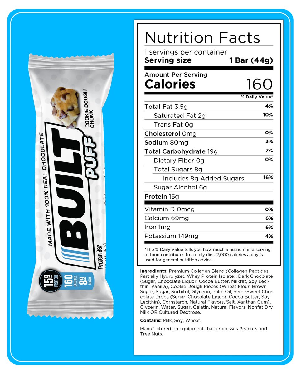 wmholly's tweet image. Cookie Dough Chunk Puff  is back for a limited time!
Enjoy the lightest, fluffiest, and most satisfying protein bar covered in 100% real chocolate.
Discount code Dusty2715 will save you 10%.
builtbar.com/?baapp=Dusty27… 
@Built_Bar #builtbar #built #imbuilt #cookiedoughchunkpuff
