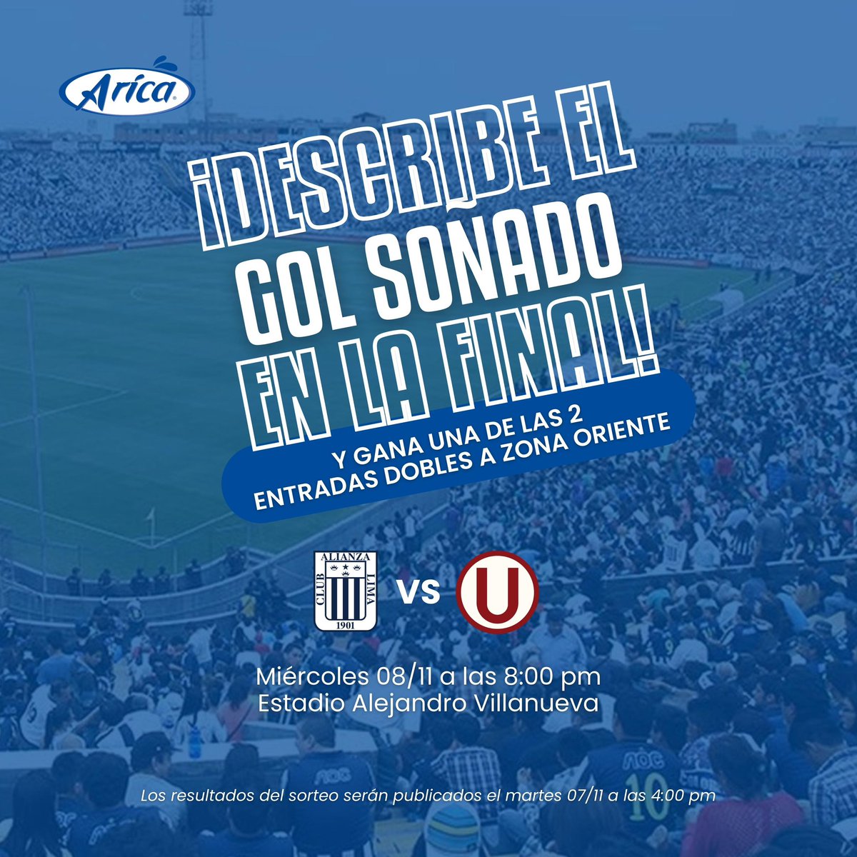 Describe el gol soñado y gana una entrada a la final.

El ganador será anunciado el martes 7 a las 4:00 pm.

Pasos:
🔁 RT esta publicación.
💙 Like a este tweet.
💬 Comentar cómo sería la jugada del gol soñado de Alianza en la final.
🔝 Seguirnos en Instagram, Twitter y Facebook.