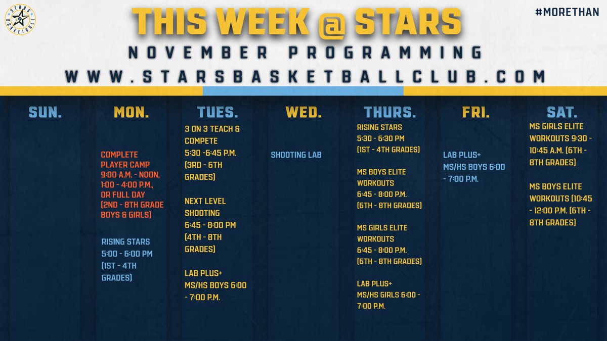 StarsBballClub's tweet image. 🔎Take a closer look at what we are doing in November! Plenty of great opportunities!
Remember that tomorrow begins our November Camps schedule with our Complete Player Camp! Read more at: starsbasketballclub.com/programming/
#fallprogramming #starsbasketball #morethan