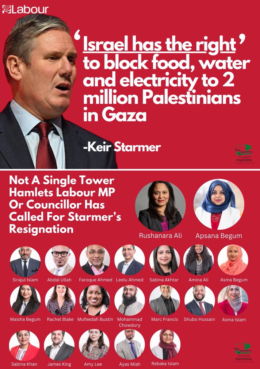 Tower Hamlets is arguably the most pro Palestine area in the UK. 

The fact that elected officials representing the borough have allowed Keir Starmer to get away with supporting  a genocide and ethnic cleansing exposes the reality of party and career politics.  

.