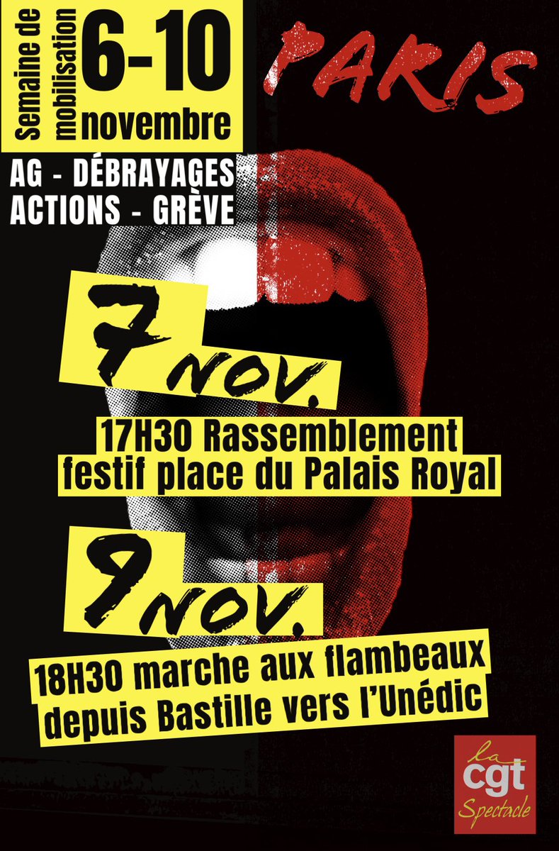 RAPPEL !!
La CGT spectacle appelle à une semaine d'actions du 6 au 10 novembre partout en France.  
Des préavis de grève ont été déposés dans les entreprises du secteur. Tous les rdvs : lc.cx/carterdvs