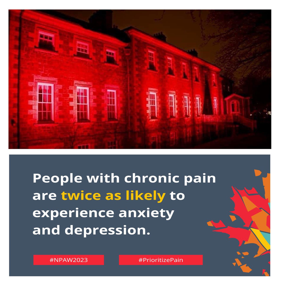 Nov 5 GH is glowing red in recognition of #NPAW2023, Nov 5-11, supported by @pain_canada to highlight chronic pain & impact on 1 in 5 Cdns who live w/it. @GovCanHealth Action Plan for Pain aims to improve approach to prevention & mgmt. #PrioritizePain See  PainCanada.ca/actionplan