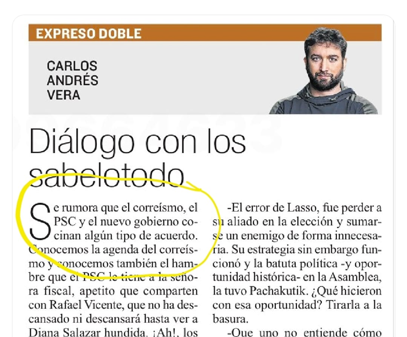 ¿Podemos ser un poco más honestos?
El articulo dice “se rumora que el correísmo, el PSC y el nuevo gobierno cocinan algún tipo de acuerdo.” Primero, esa oración es irresponsable. Mas responsable seria decir “mi padre y yo rumoramos que…,” o por lo menos “mi padre y yo iniciamos