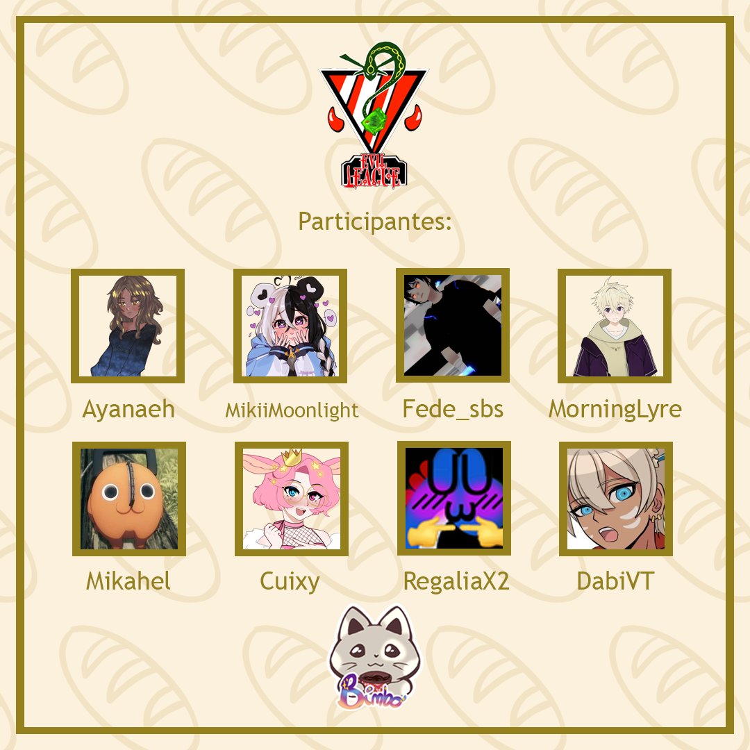 nimbolatte's tweet photo. Tarde pero ya seguro los 8 participantes del evento, que prontamente empezara el 8 de Noviembre! Este miércoles! Todos los nombres de los participantes llevan sus nombres de twitch y de twitter, denles amor! Y mucha suerte a los participantes 🍞✨ https://t.co/DPLgnGrAd7