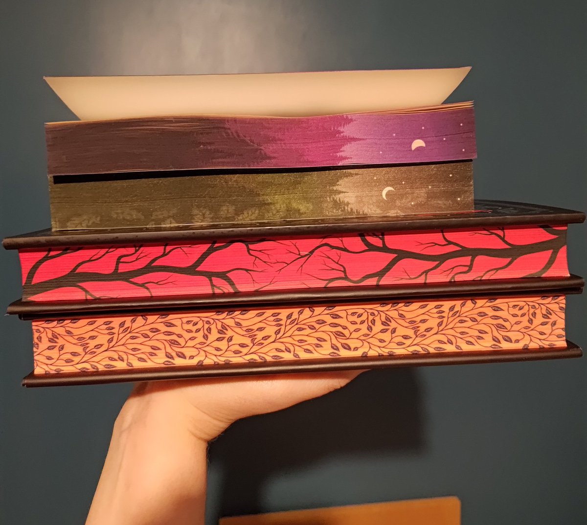 RayReadsaLot's tweet photo. The Shinies multiply 😍 Look at those glorious sprayed edges and foiling! Now I have both the Illumicrate &amp; Waterstones editions of the Luminaries for my @stdennard collection 💜 https://t.co/WypFDBBZVQ
