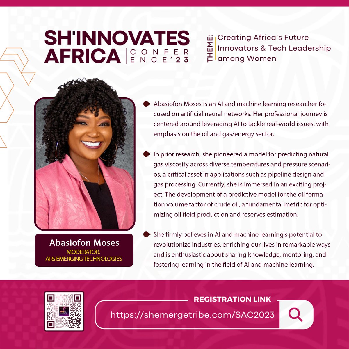 Sh_Emerge's tweet image. Meet Abasiofon Moses, the brilliant (AI and Emerging Tech) moderator, at the upcoming Sh&apos;Innovaates Africa Conference. She is an AI and machine learning researcher focused on artificial neural networks. 

Register here: shemergetribe.com/sac2023 #ShEmergeInternational #ShEmerge