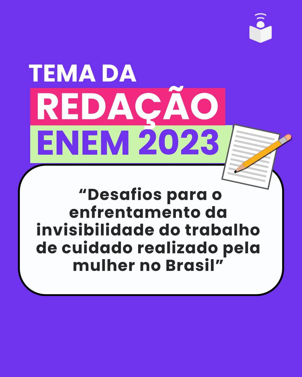 O tema da redação do Enem 2023 é:  “Desafios para o enfrentamento da invisibilidade do trabalho de cuidado realizado pela mulher no Brasil”  

E aí, o que achou? Esperava por esse tema? Conta pra gente!🚀
#enem2023 #RedacaoENEM #enem