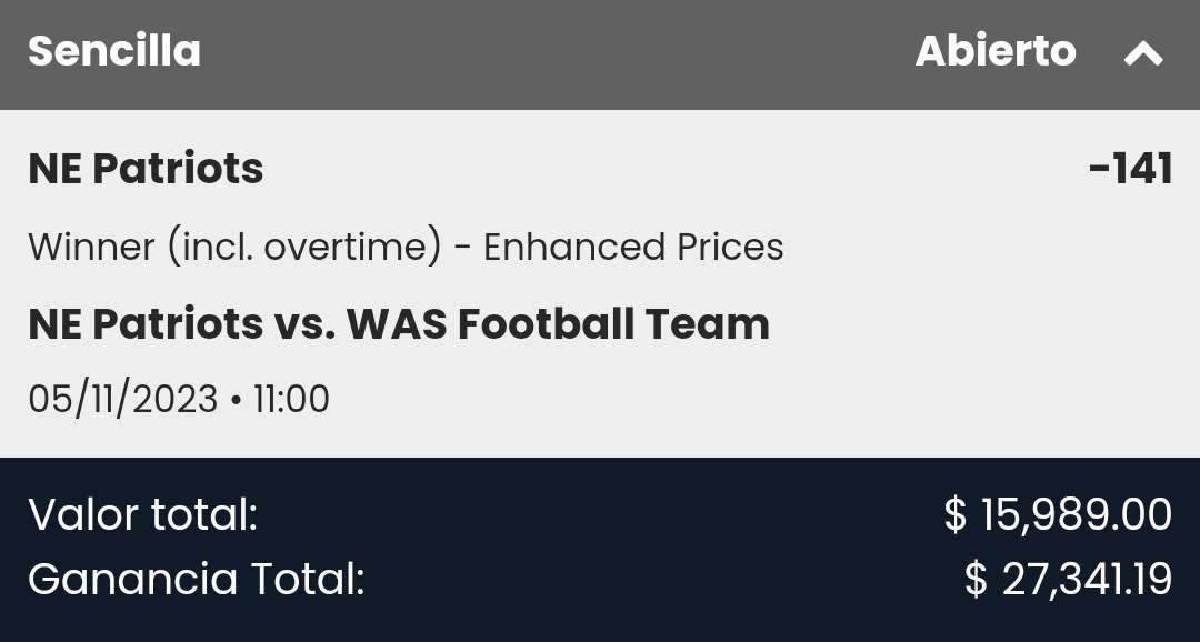 🚨 | RETO $5,000 A $50,000

Chingones, seguimos con el RETO. 

Paso 3:

#NFL
- Patriots ML

¿Estás en el Barco? Deja 🔄 y ❤️, que si lo ganamos, habrá sorpresa y dinero para todos ya lo saben.