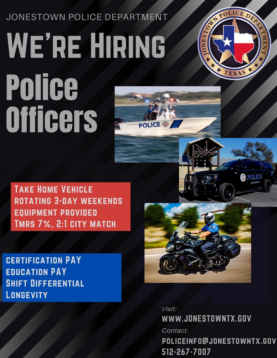 HIRING POLICE OFFICERS: We are looking for community oriented problem solvers to join our law enforcement family! Apply today! jonestowntx.gov/.../employment…