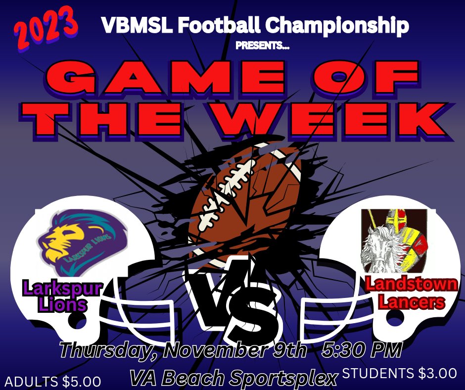 This Thursday, come out and support the Lancers  of <a href="/Landstownms/">Landstown Middle</a> as they take on the Lions of <a href="/TheLarkspurMS/">The Larkspur Lions</a>!