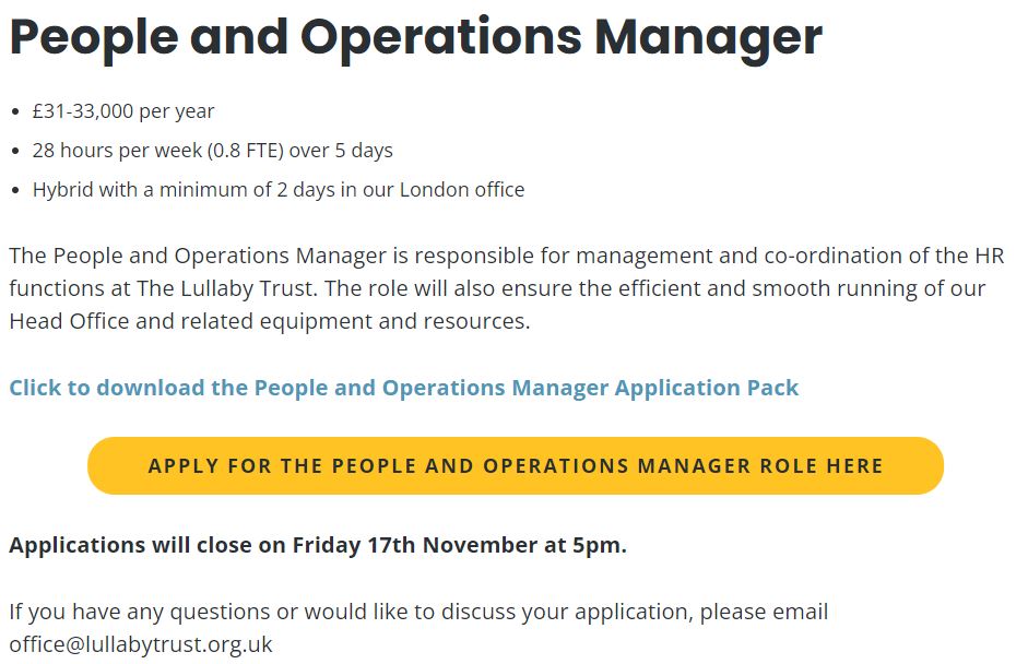 LullabyTrust's tweet photo. Two jobs up for grabs at The Lullaby Trust - one in fundraising and one in HR. Both can be done hybrid, with time in the London office. See images for a quick overview of the roles, or visit our website for full details (🔗link in bio). https://t.co/j3JU6klmz6