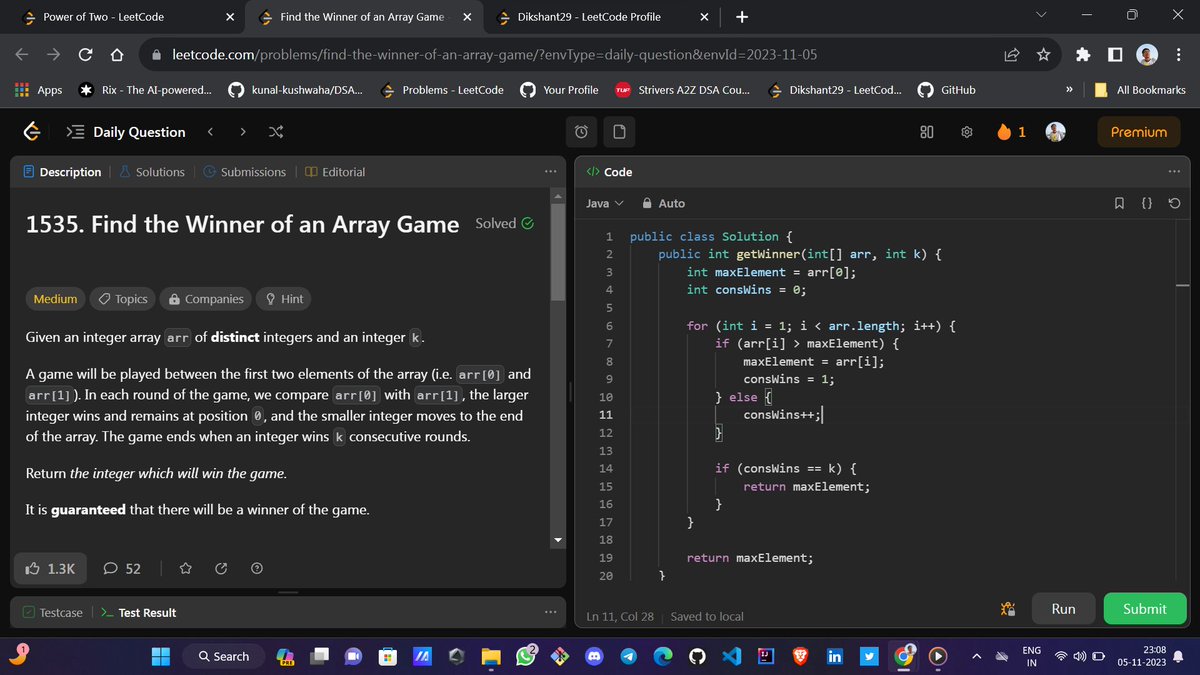 Dikshantk29's tweet image. On Day 45 of my #JavaDSA100DaysChallenge, I took a multifaceted approach. 📚🧩
I dedicated time to revision, tackled a challenging problem head-on, and engaged in valuable practice. 💻🚀
#100daysofcode #Revision #DataStructures #Algorithms