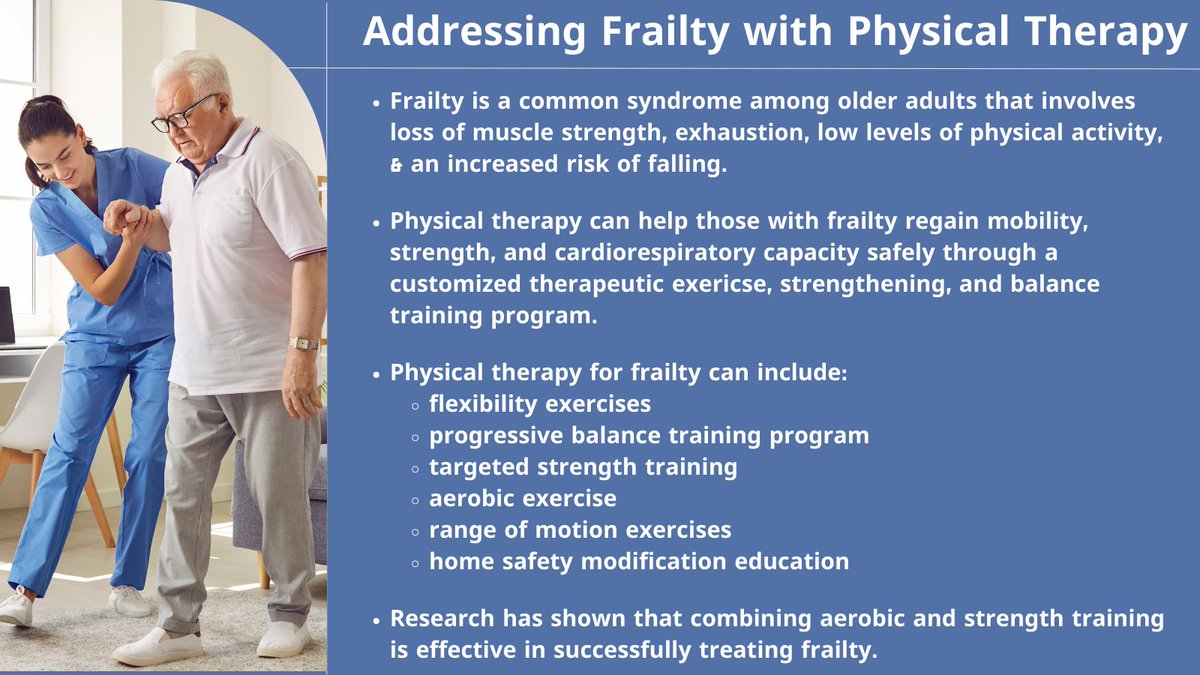 #Frailty is common among older adults and is associated w/ increased risk of falling, hospitalization & disability. 

PTs help those w/ #frailtysyndrome regain strength & aerobic capacity via #exercise program. 

bit.ly/addressing-fra…

#geriatricphysicaltherapy #fallprevention