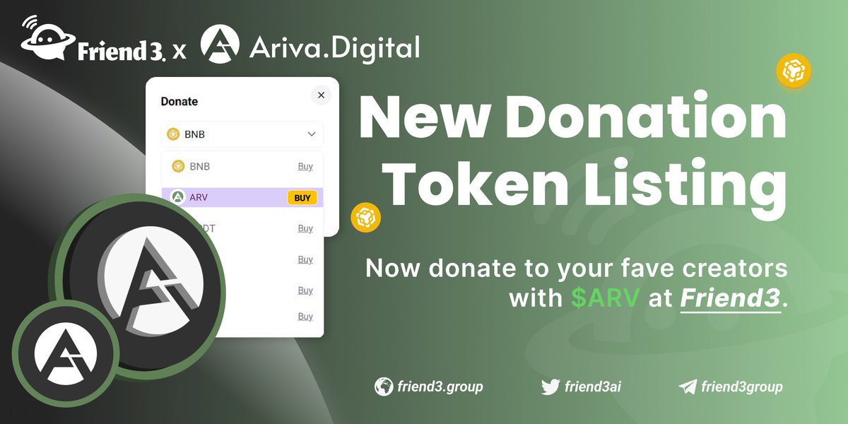 🔊 New Donation Token Listed Alert -- $ARV ! Happy to announce that $ARV from @ArivaCoin is now listed on #Friend3-#BNB as one of our available donation tokens! Now you can use $ARV to support your fave creators across all groups on @Friend3AI @BNBCHAIN 🚀 Explore:…
