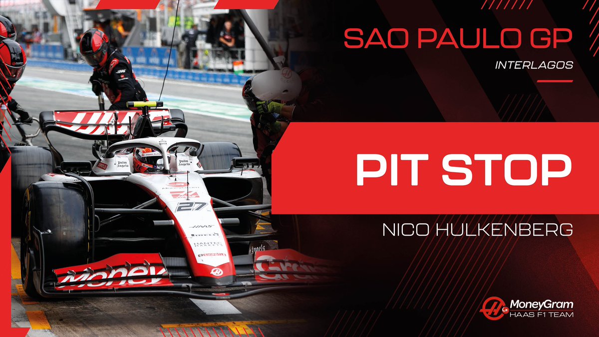 Lap 21/71: Nico pits from P8. He puts on a new set of softs 🔴➡️🔴 ➡️ He exits in P15. #HaasF1 #BrazilGP