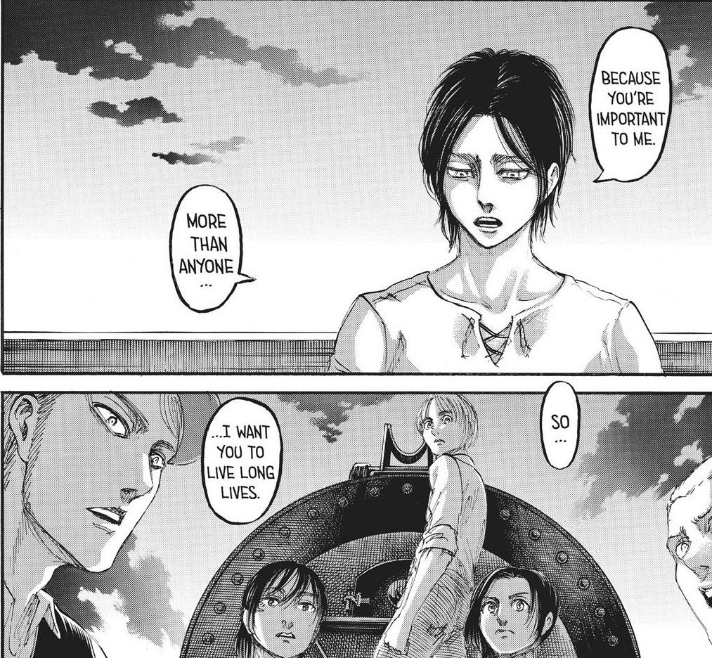 lentilpacket's tweet photo. @i_is_a_batse i perceive this totally differently. eren wanted his comrades to live long lives without fear of war. it took hundreds of years for the cycle to repeat itself, meaning eren got his dying wish, and his friends got to live out their remaining years peace without titans. https://t.co/vd8pC1TUtW