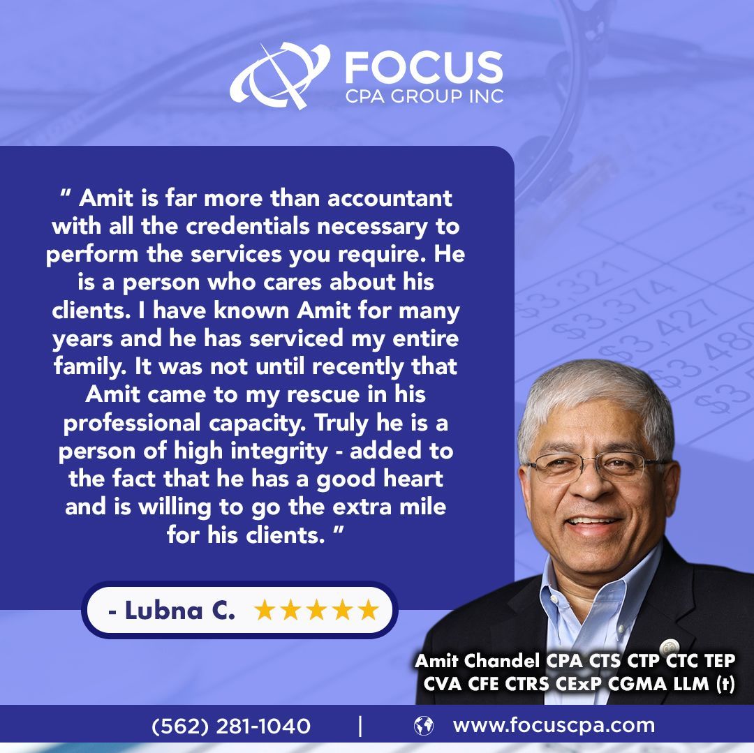 If you want the very best, go to Amit and you will immediately recognize the difference in the services that he provides.
Thank you Mr. Chandel! 

Learn the specifics👇
focuscpa.com/tax-planning-s… 

#FocusCPAGroupInc #taxlevy #taxlien #stoptheIRS #IRSTaxDebt #IRStaxhelp #BackTaxes