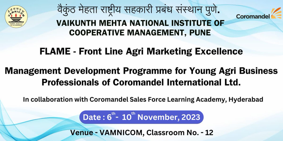 VAMNICOM_Pune's tweet image. #traininganddevelopment #managementdevelopmentprogram #agrimarketing #agribusiness #youngprofessionals #youngentrepreneurs  #Agripreneur 

@VAMNICOM_Pune @MinOfCooperatn @ncct_institutes @hema_28
