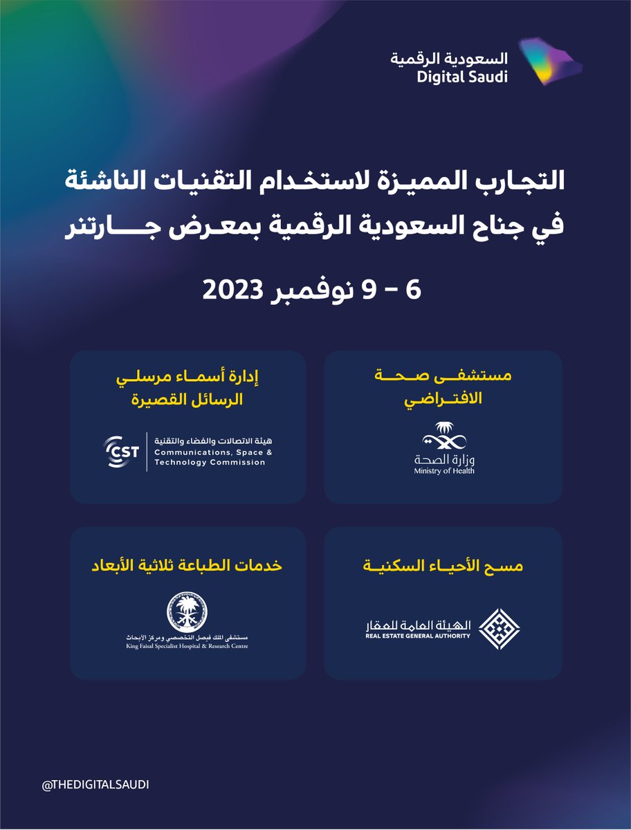 TheDigital_Ar's tweet photo. نستعرض في جناح #السعودية_الرقمية بمعرض #Gartner أبرز استخدامات التقنيات الناشئة والذكاء الاصطناعي للجهات الحكومية بما يُسهم في تحسين جودة الخدمات وتعزيز ثقافة الابتكار. https://t.co/9nxshH1bXG