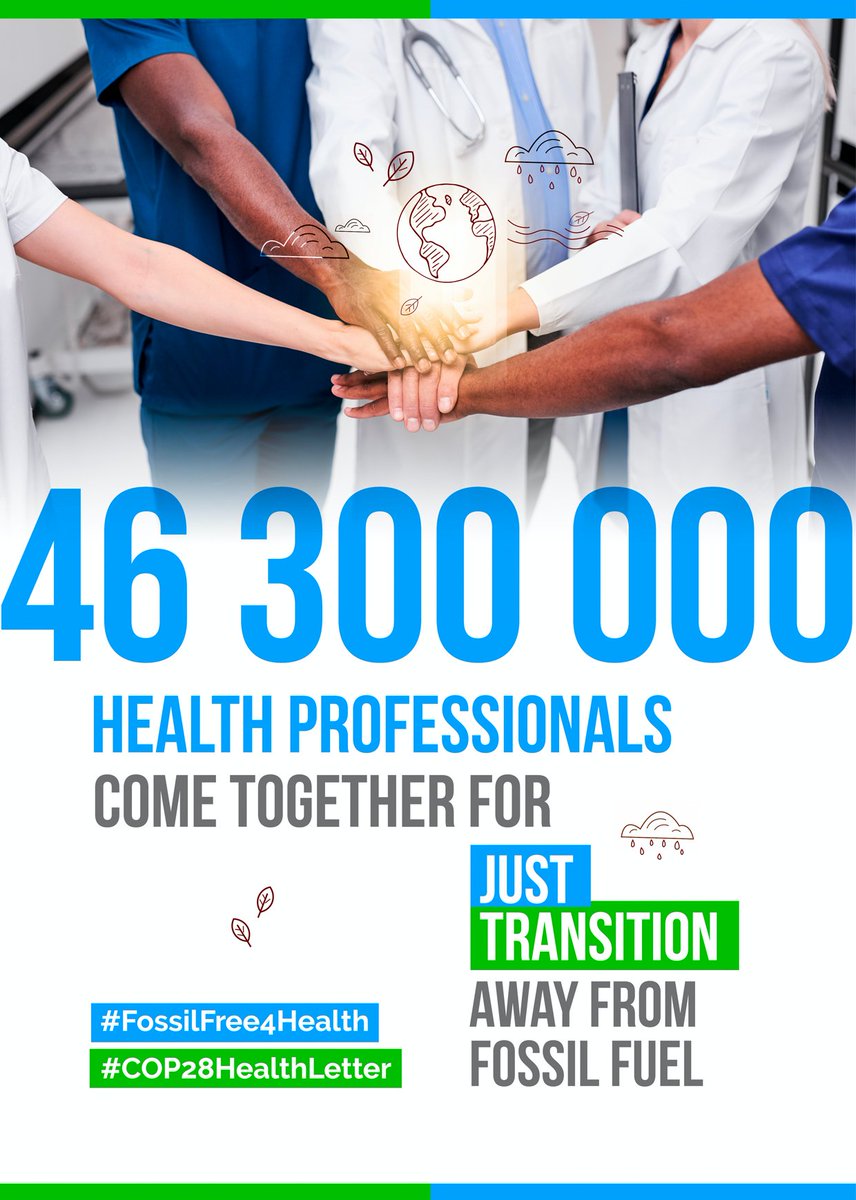 The global health and medical community stands united ahead of #COP28. With support from organizations representing 46.3M professionals, we call for a rapid &amp; just transition away from fossil fuels, investment in clean energy, and clean air.
#FossilFree4Health #COP28HealthLetter