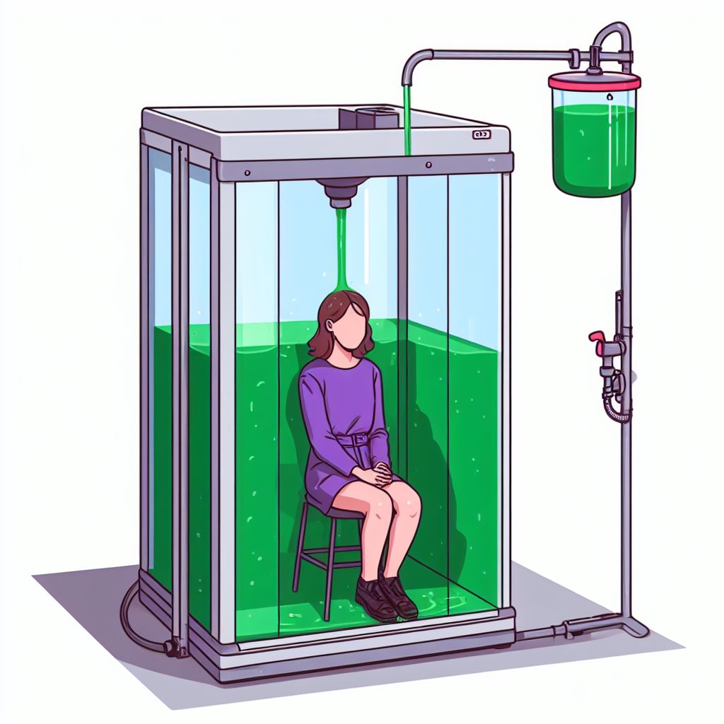 Messyaipics's tweet photo. When describing a gunge tank one of the hardest things to get right is the mechanism. 

AI reads gunge tank/ booth as a thing filled with slime, rather than for sliming. So you have to describe it in more details which can lead to some odd looking mechanisms https://t.co/cBkmbJgpvs