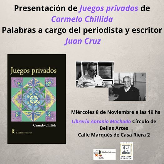 Próximo miércoles 8 a las 7 pm, esta extraordinaria conversación sobre la Poesía, la poética de la experiencia y lo inmediato entre <a href="/carmelochillida/">Carmelo Chillida</a> y Juan Cruz <a href="/cosmejuan/">Juan Cruz Ruiz</a> periodista escritor cuya carrera ha transcurrido entre medios tan prestigiosos como El País y Prensa Ibérica