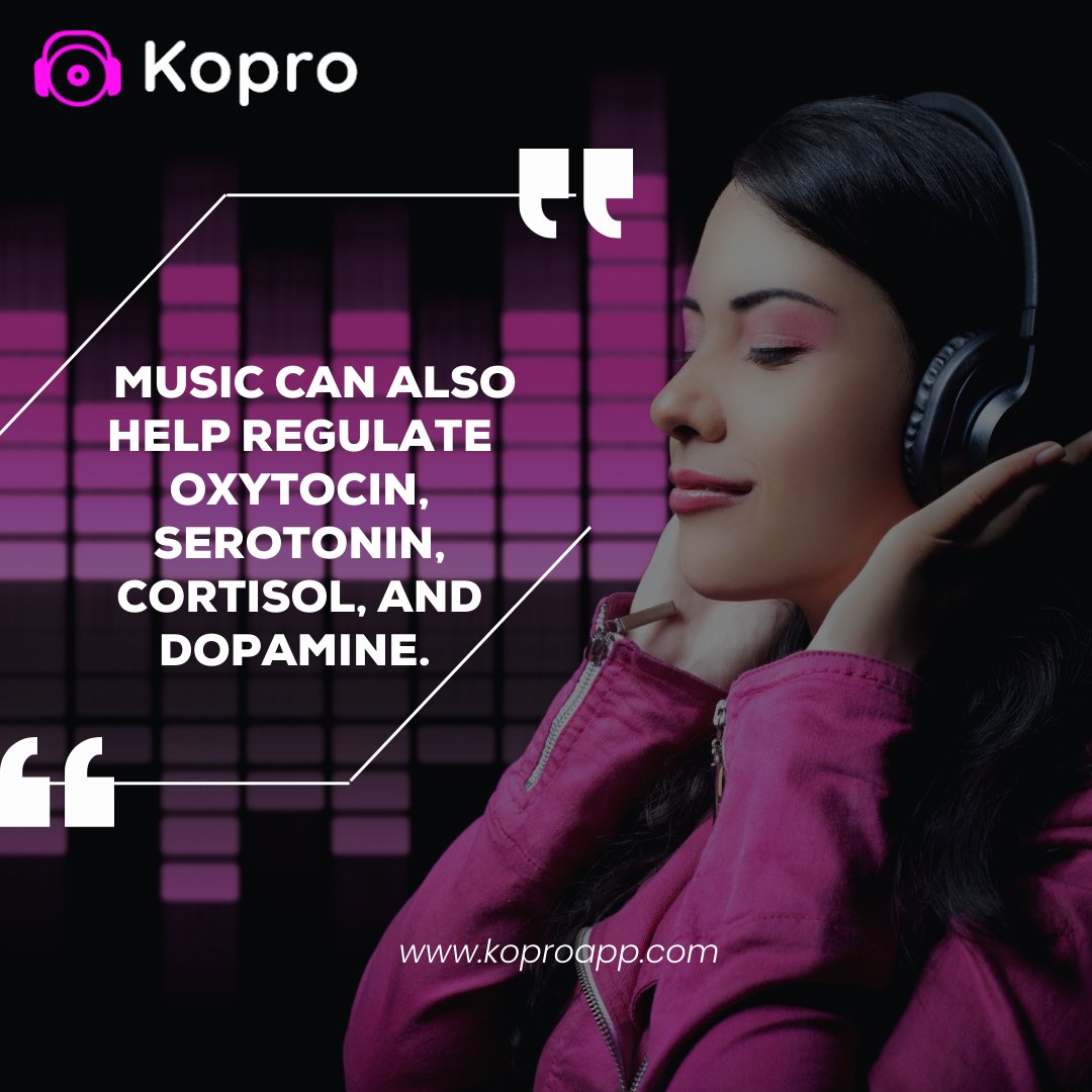 Music can help adjust the levels of oxytocin (the love hormone), serotonin (the mood booster), cortisol (the stress hormone), and dopamine (the feel-good neurotransmitter)
koproapp.com

#MusicAndMind #FeelTheBeat #HarmonyForTheSoul  #healthylifestyle #music #musiclover