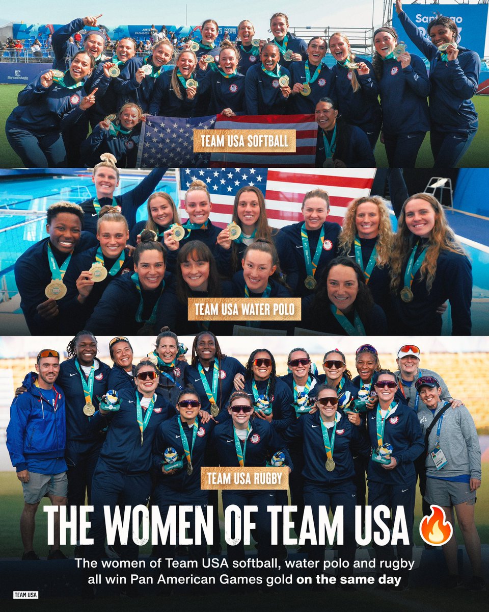 TeamUSA's tweet image. What a day for the women of Team USA 🇺🇸

🥇 @USASoftballWNT
🥇 @USAWP
🥇 @USARugby 

#Santiago2023