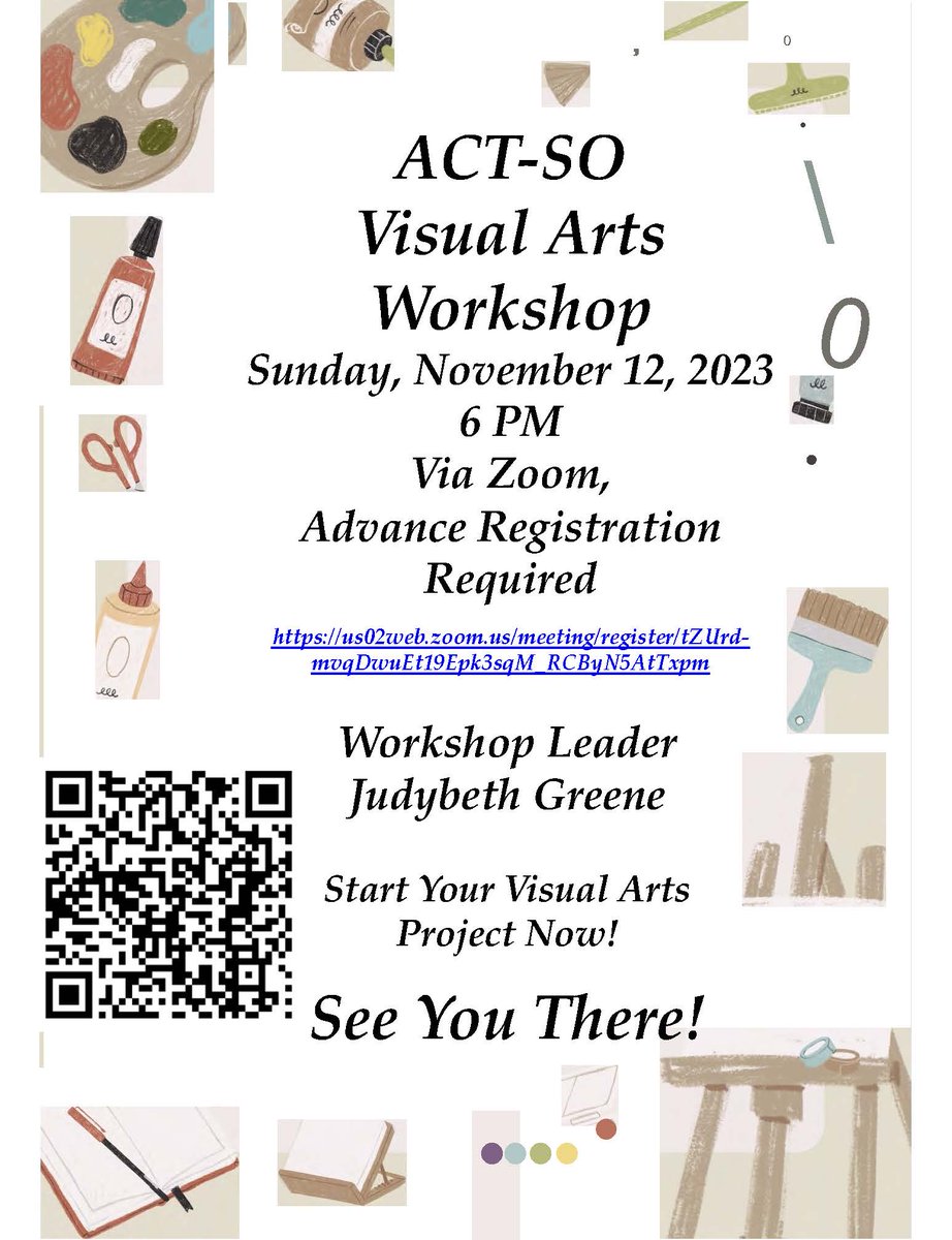 HS Students get engaged with visual arts! SSL hours available. Start your art project for ACT-SO. Register today! #actsomoco See you on 11/12/23!