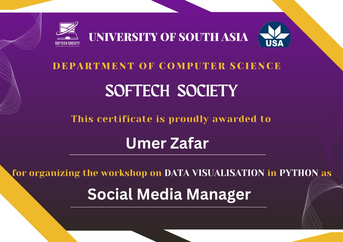 SofTech_USA's tweet photo. 🎓 Certificate of Achievement - Workshop Organizers

Regards
Zobia Zafar 
University of South Asia https://t.co/CyHU5axI0a