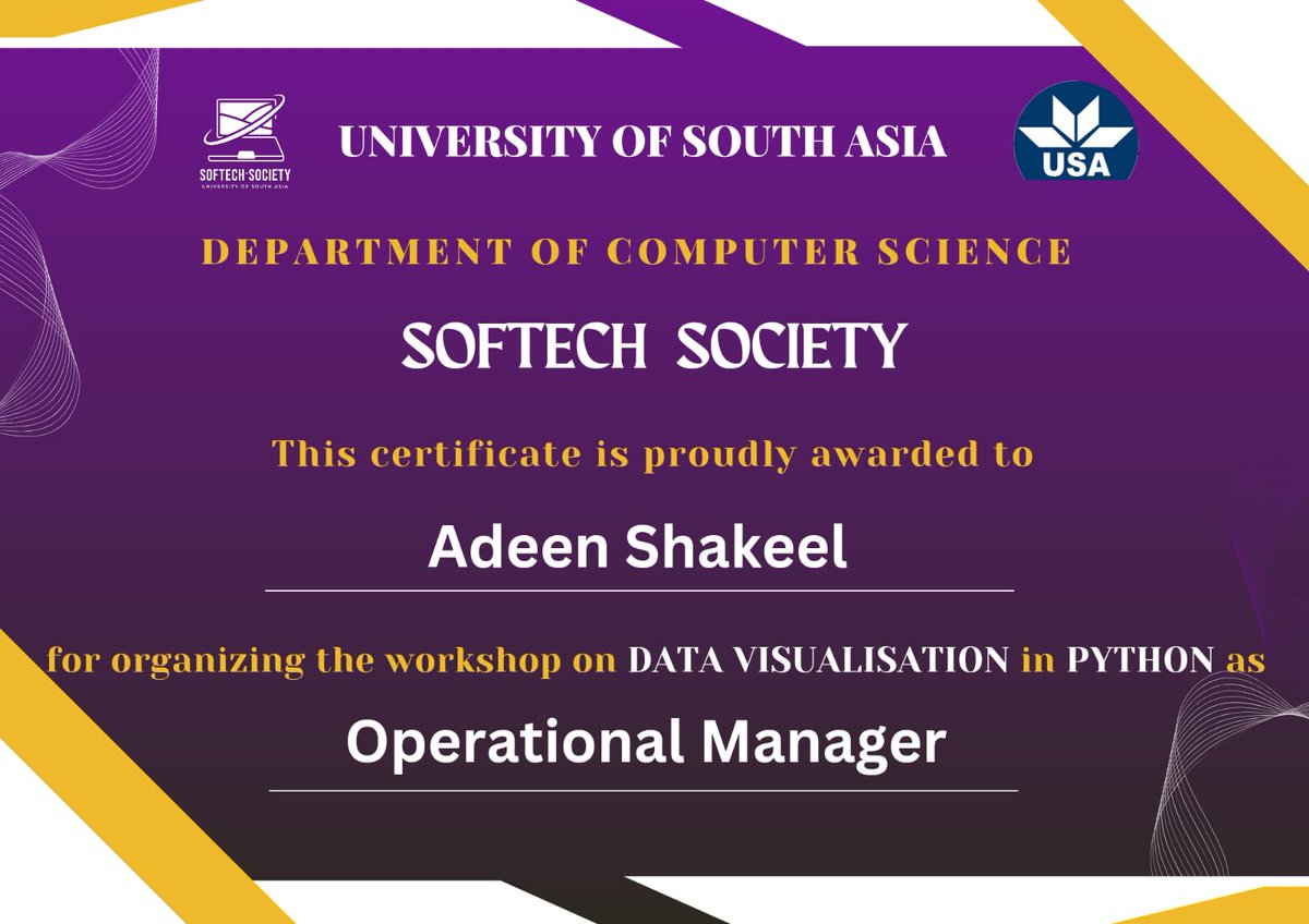 SofTech_USA's tweet photo. 🎓 Certificate of Achievement - Workshop Organizers

Regards
Zobia Zafar 
University of South Asia https://t.co/CyHU5axI0a