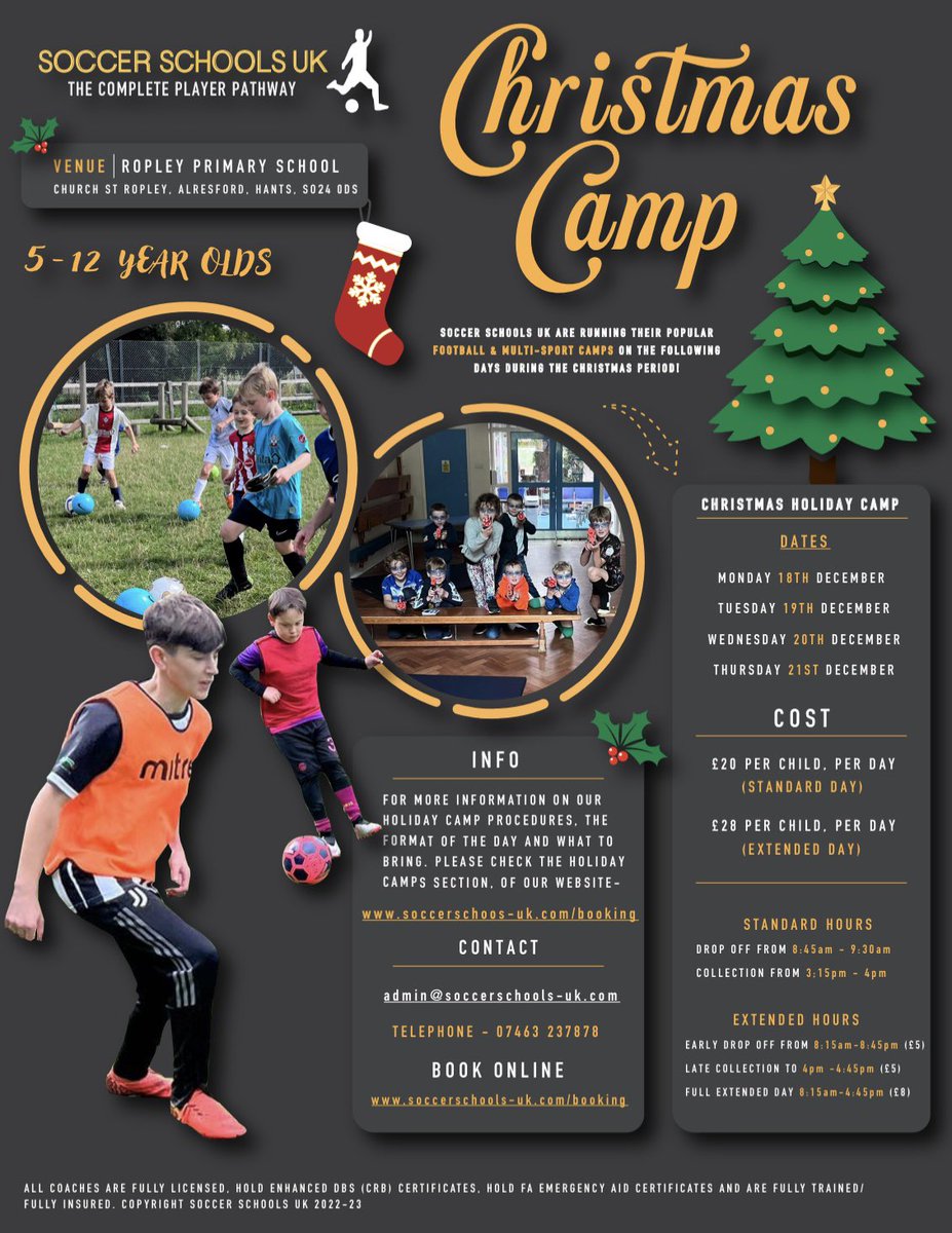 🎅 🎄 We are pleased to announce that bookings for our Christmas Holiday Camps, are now open! 🎄🎅

Where our popular Football and Multi-Sports Camps, will be running! ⚽️🏆😎

To book 👇 

📧 admin@soccerschools-uk.com
💻 soccerschools-uk.com/booking 
📞 07463 237878