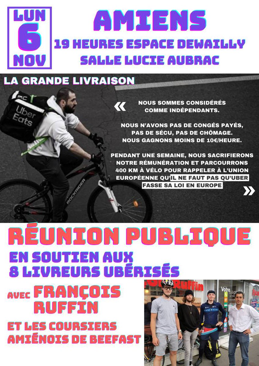 La Grande Livraison, c'est parti ! Contre l'ubérisation, des coursiers se lancent à vélo depuis Paris jusqu'à Bruxelles.

Pour leur étape lundi à Amiens, on organise une soirée de soutien : 19h à l'espace Dewailly, avec les coursiers amiénois de Beefast. #DontLetUberMakeTheLaw