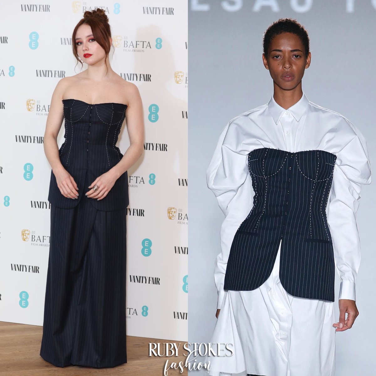 RubyStokesStyle's tweet photo. Ruby wore the #EsauYori ‘Pinstripe Corset Vest’ (N/A) and ‘Twisted Trousers’ (N/A). She also wore the #TillySveaas ‘Silver Eternity Earrings’ (£135) and the #CompletedWorks ‘Clash Platinum Plated Ring’ (£425) attending the Vanity Fair Rising Star BAFTAs pre-party. https://t.co/GWWisAiVgu