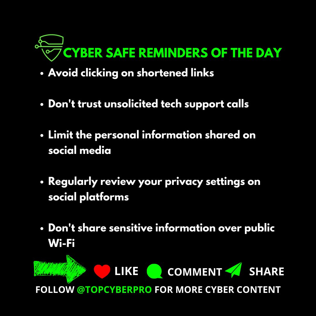 🔒 Cybersecurity Tips: Protect Yourself
Online! 🔒

Feel free to share this post to help your friends and
family stay safe online! 🌐💪

Discover more about how you can be a Top Cyber Pro
at TOPCYBERPRO.COM

#Cybersecurity #OnlineSafety #SecurityTips
#ProtectYourself
