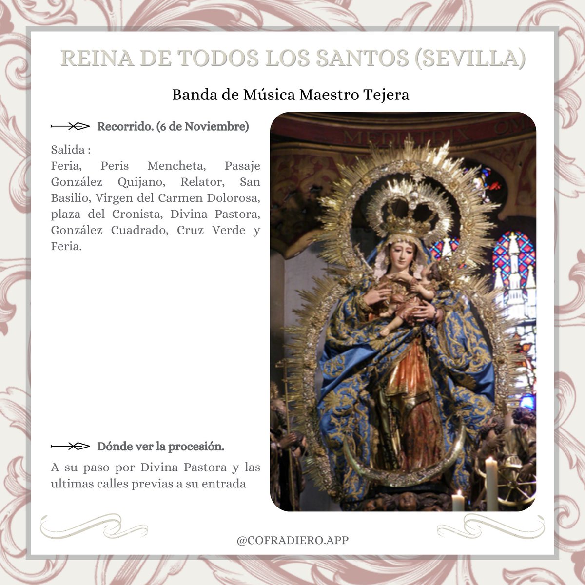 SEVILLA | Hoy viviremos la procesión de la Reina de Todos los Santos. 

<a href="/MaestroTejera/">Maestro Tejera</a> <a href="/ReginaSanctorum/">Todos los Santos</a> 
#sevillacofradiera #ELCOFRADIERO #TDSCofrade