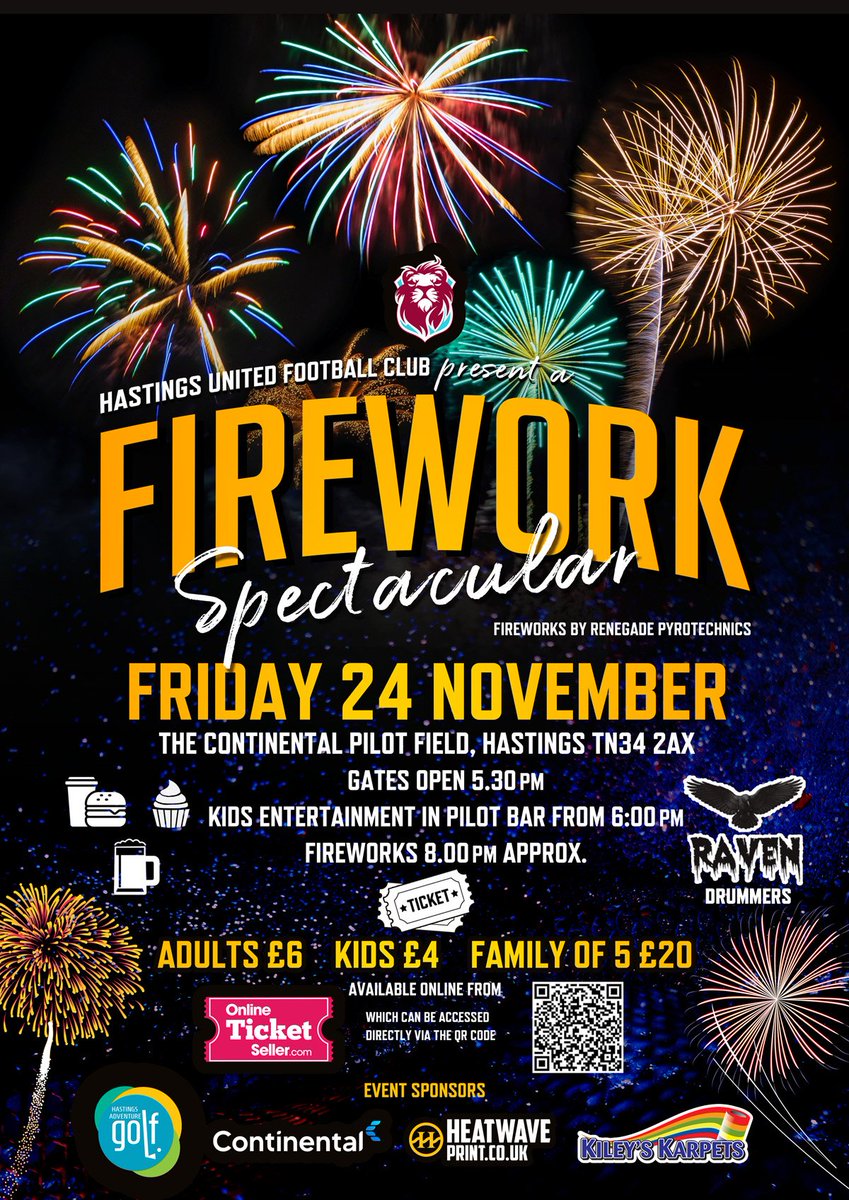 hastingsufc's tweet photo. FIREWORK
SPECTACULAR
Gates 5.30 👐🏻
KIDS ENTERTAINMENT 🥳
FOOD 🍔
DRINKS 🍻
CAKES AND BROWNIES 🧁
FLASHING LIGHTS AND SABRES 🔦
Raven Drummers 🥁
🎟 https://t.co/YAp3aa9xLT 🎟
#COYU
#FireworkSpectacular
#HUFC https://t.co/frtCyovSfH