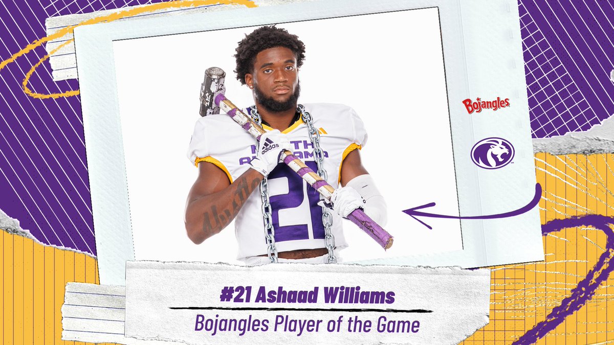 UNAFootball's tweet photo. 𝐁𝐨𝐣𝐚𝐧𝐠𝐥𝐞𝐬 𝐏𝐥𝐚𝐲𝐞𝐫 𝐨𝐟 𝐭𝐡𝐞 𝐆𝐚𝐦𝐞

This week's @Bojangles Player of the Game is Ashaad Williams, who recorded seven tackles with a tackle for loss, a pass breakup and a QB hurry!

#PurpleSwarm | #RoarLions 🦁 https://t.co/487ujbebCb