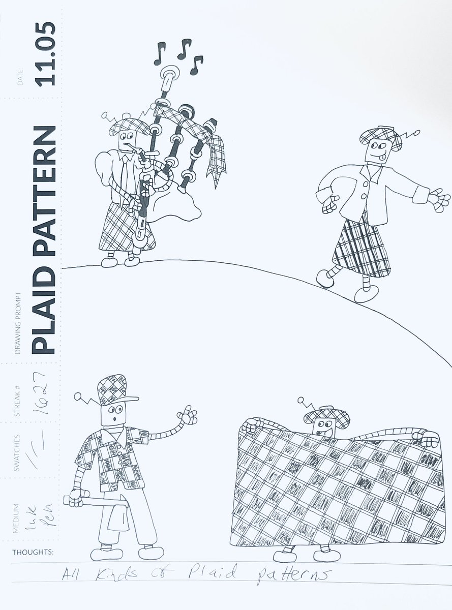 RandallAndrews1's tweet image. Day 5. Plaid Pattern. Let the bagpipes play robots. Patterns keep a going. #plaidpattern #simpledailydrawing #november2023 #drawingprompts #robots #frumpysketch @SDDArtCommunity