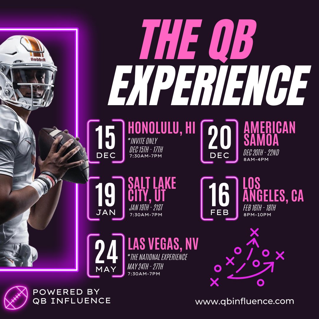 qbinfluence's tweet photo. The QB Experience:
📍Honolulu, HI
Dec 15th - 17th
📍American Samoa
Dec 20th - 22nd
📍Salt Lake City, UT
Jan 19th - 21st
📍Los Angeles
Feb 16th - 18th
#QBExperience #QBInfluemce https://t.co/H2Jq2Ysgrl