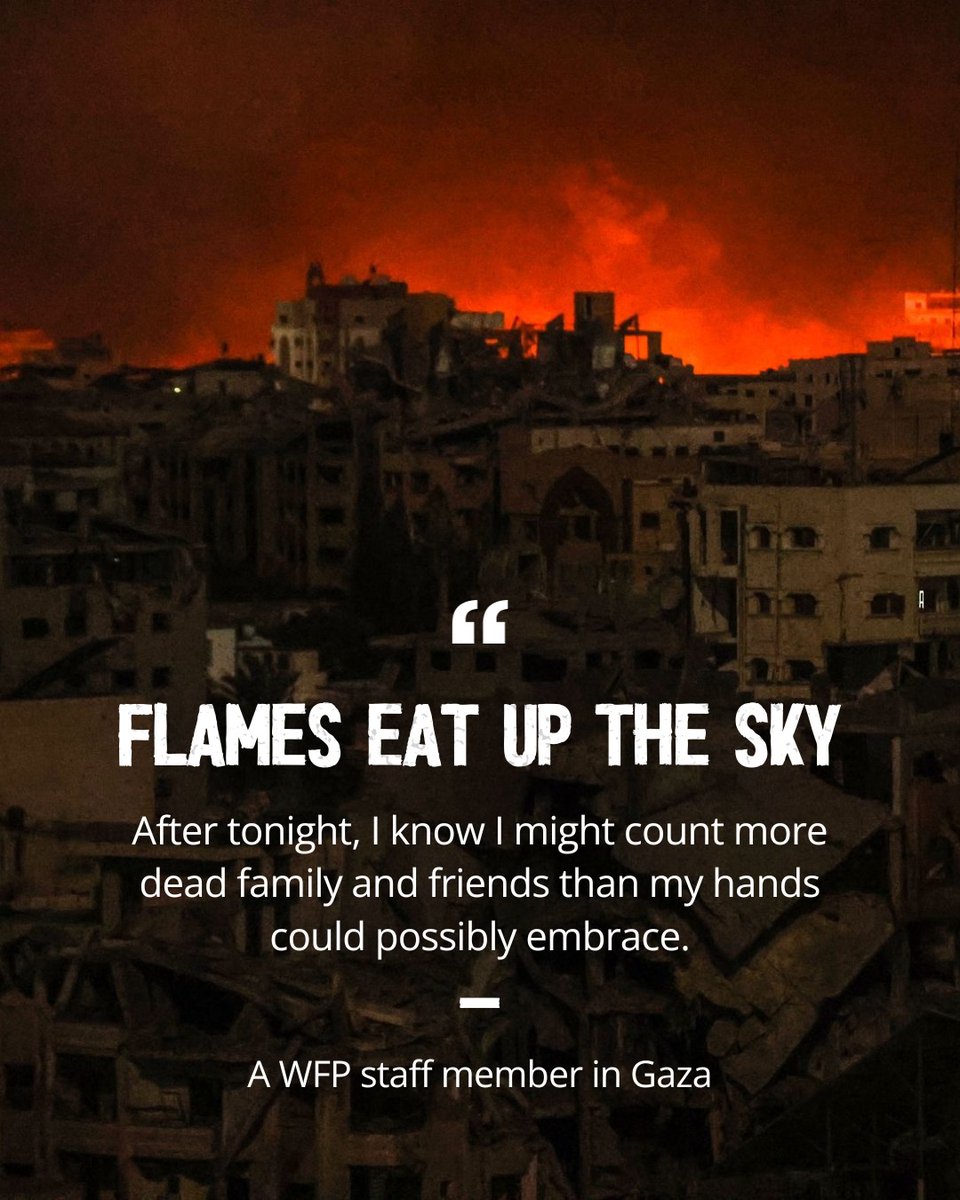 WFP remains worried for the safety of citizens and our colleagues inside #Gaza. 

Read as one WFP staff member describes the horror, the personal grief, her dreams for a better future, and why her work must go on in the face of it all. 

🔗bit.ly/3SK37OP