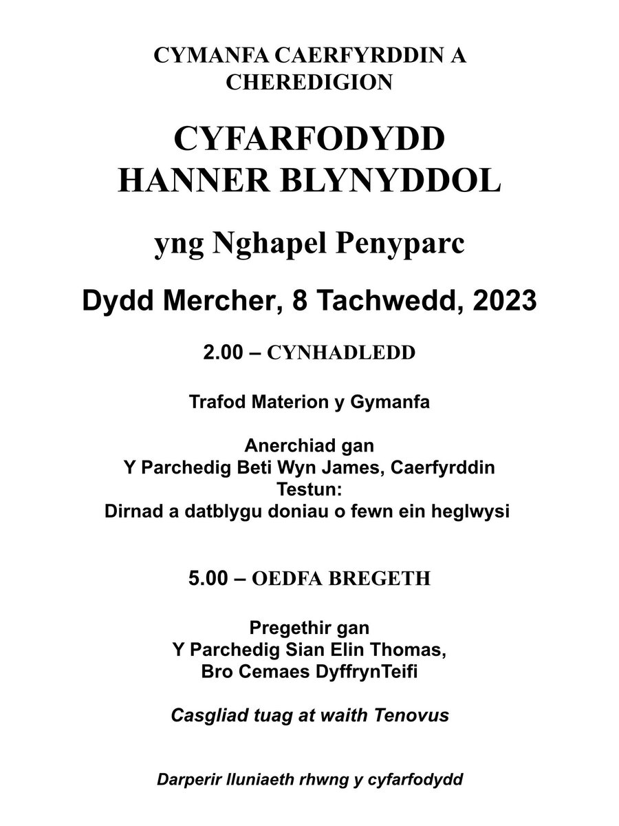 cymanfacaercer's tweet photo. Cyrddau Hanner Blynyddol y Gymanfa yng Nghapel Penyparc ddydd Mercher

@BUWales 
@BedyddGogTeifi 
@sianth79 
@nebobwys 
@JudithMorris1 
@CemaesacEmlyn https://t.co/35M6ft18jv