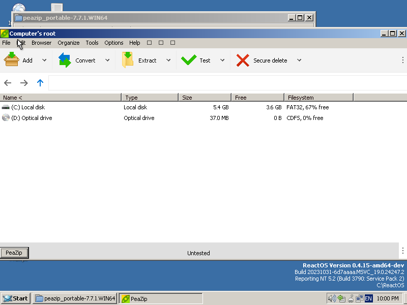 reactos's tweet image. Previously, we shared PeaZip 5.4.0 running on #ReactOS x64. With a recent bugfix, PeaZip 7.7.1 now runs on ReactOS x64, too!
Screenshots by @julenuri.