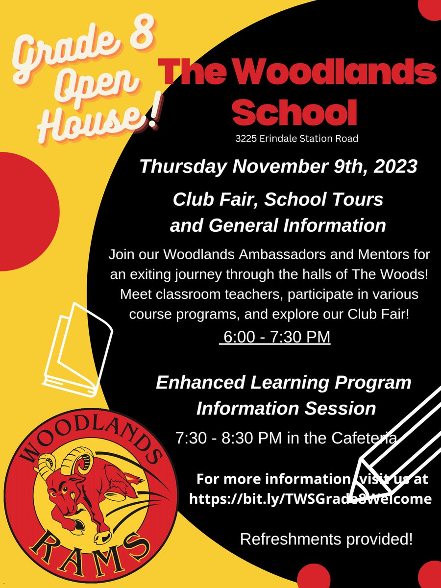 We're hosting our Grade 8 Open House this Thursday, November 9th! If you're interested in joining <a href="/woodlandsrams/">The Woodlands School</a> for Grade 9 as part of our community, in our <a href="/thewoodlandsELP/">The Woodlands ELP</a> program, or our Explore High Skills, then we hope you'll join us for a fun filled night! <a href="/PeelSchools/">Peel District School Board</a>