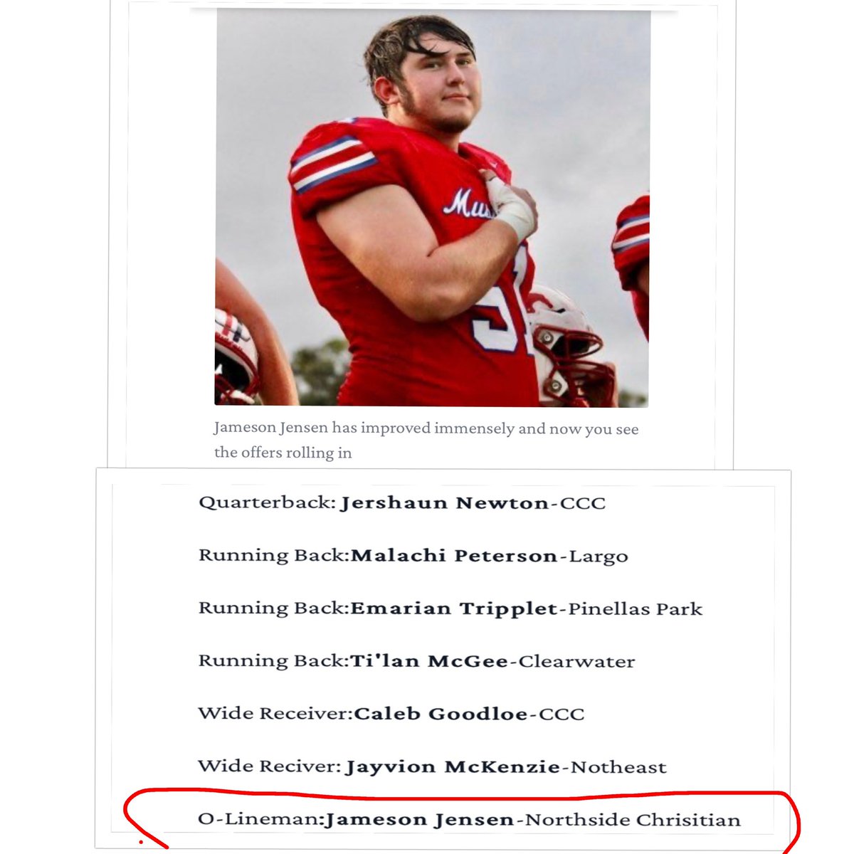 Jameson Jensen “Big Whiskey” (@jamesonjensen51) on Twitter photo Honored to be named
All County.
Pinellas/TB has national talent
In the Zone <a href="/CoachGreen_3/">Green Zone preps Recruiting inc.</a>
Also selected by coaches for Pinellas County All Star Game!
<a href="/PinellasHSMedia/">Pinellas Highschool Media Group</a> <a href="/Biggamebobby/">Bob Putnam</a> <a href="/NCSMustangs_FB/">Northside Christian Mustangs Football</a> <a href="/PinellasHSMedia/">Pinellas Highschool Media Group</a> <a href="/PrepRedzoneFL/">Prep Redzone Florida</a> <a href="/Andy_Villamarzo/">Andy Villamarzo</a> <a href="/Coach_Granier/">Bailey Granier</a> <a href="/JonHalapio/">Jon Halapio</a> Honored to be named
All County.
Pinellas/TB has national talent
In the Zone <a href="/CoachGreen_3/">Green Zone preps Recruiting inc.</a>
Also selected by coaches for Pinellas County All Star Game!
<a href="/PinellasHSMedia/">Pinellas Highschool Media Group</a> <a href="/Biggamebobby/">Bob Putnam</a> <a href="/NCSMustangs_FB/">Northside Christian Mustangs Football</a> <a href="/PinellasHSMedia/">Pinellas Highschool Media Group</a> <a href="/PrepRedzoneFL/">Prep Redzone Florida</a> <a href="/Andy_Villamarzo/">Andy Villamarzo</a> <a href="/Coach_Granier/">Bailey Granier</a> <a href="/JonHalapio/">Jon Halapio</a>