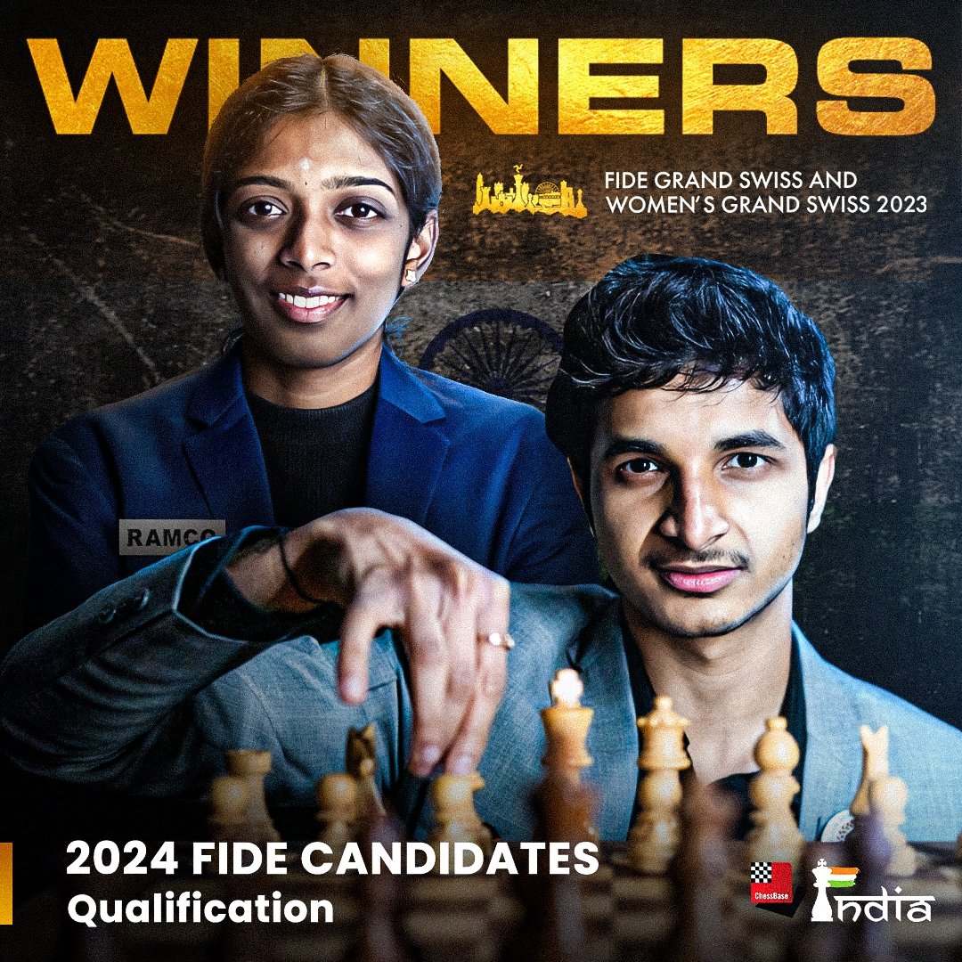 ChessBase India on X: Vidit Gujrathi and Vaishali Rameshbabu win the FIDE  Grand Swiss and Women's Grand Swiss 2023!! Both of them now qualify for the  Candidates Tournament in 2024. Creative: Abhyudaya