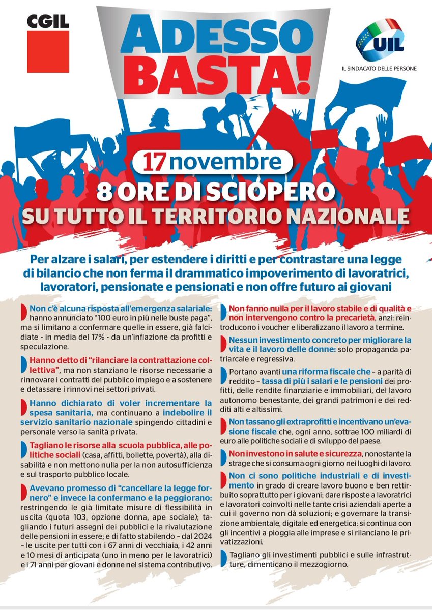 Il 17 novembre sciopero nazionale di 8 ore contro una legge di bilancio incapace di dare sostegno ai lavoratori. Diciamo insieme BASTA perché 👇